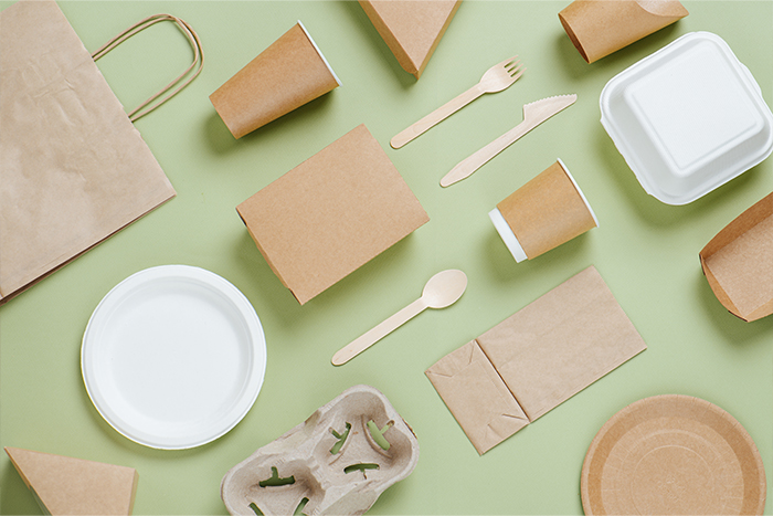 Paper plates, boxes, cups, and bags with wooden cutlery lying on a green table